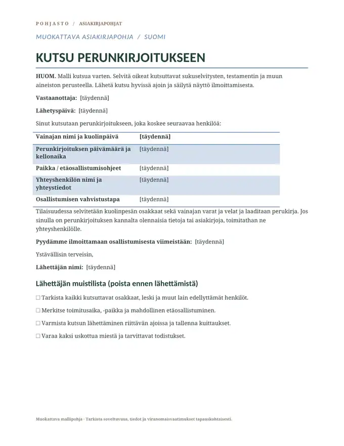 Kutsu perunkirjoitukseen – pohjan esikatselu