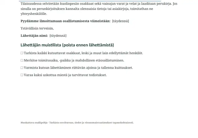 Kutsu perunkirjoitukseen – asiakirjasivu